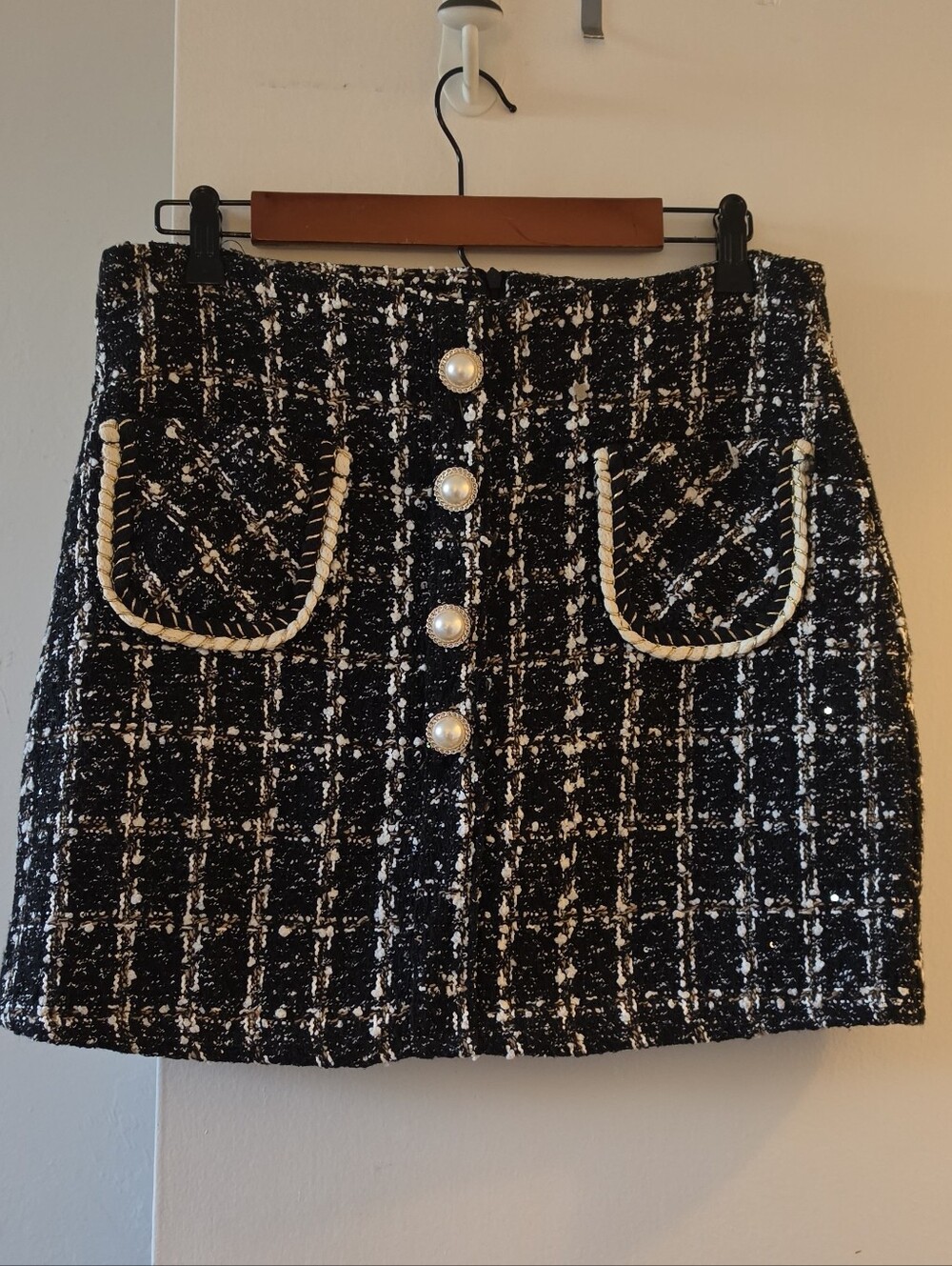 Zara Black and White Tweed Mini Skirt with Pearl Buttons
